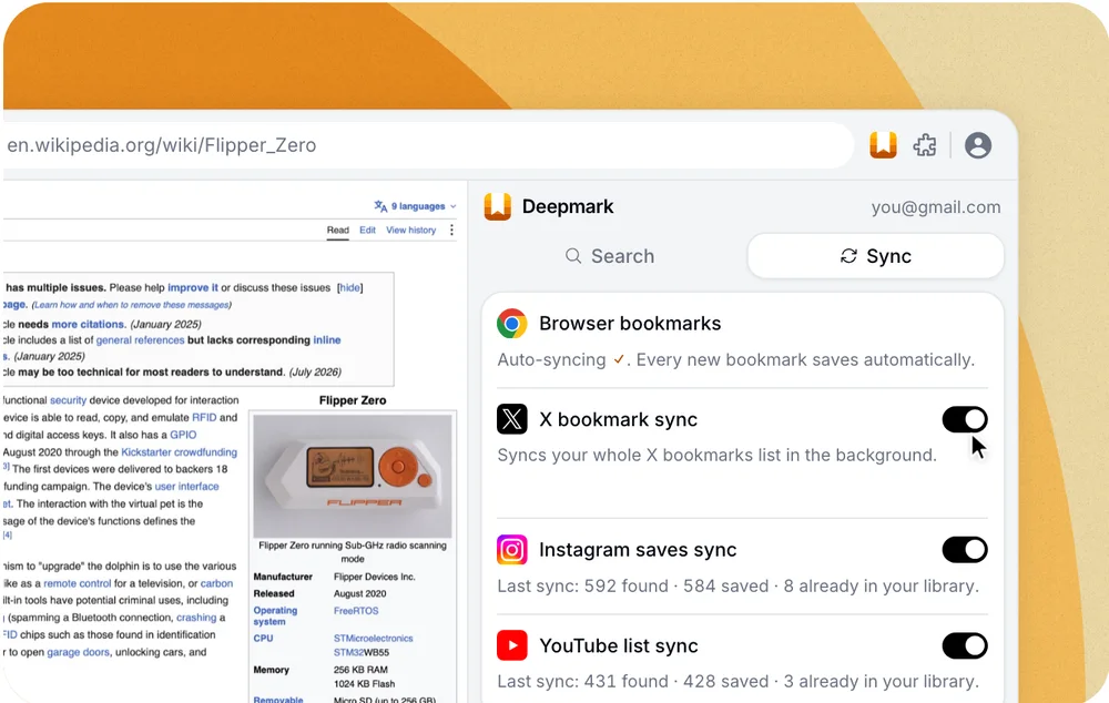 Deepmark extension syncing browser, X, Instagram and YouTube bookmarks