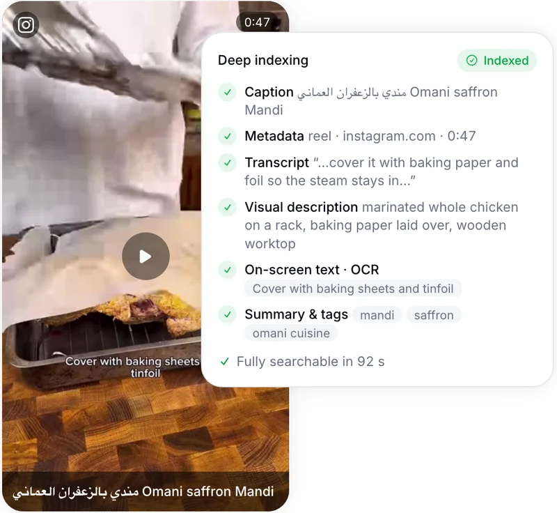 Deepmark deep indexing a saved video: caption, transcript, visual description and tags