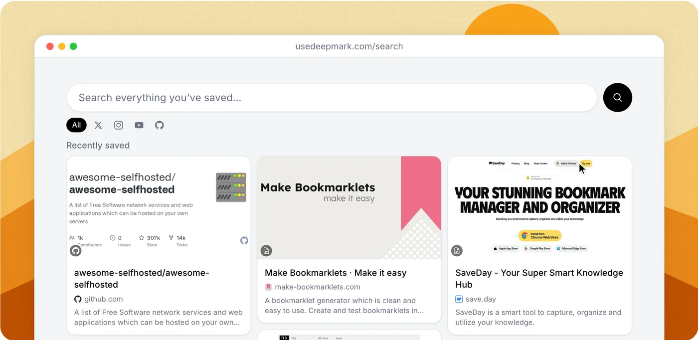 Deepmark search screen showing recently saved bookmarks from GitHub and the web