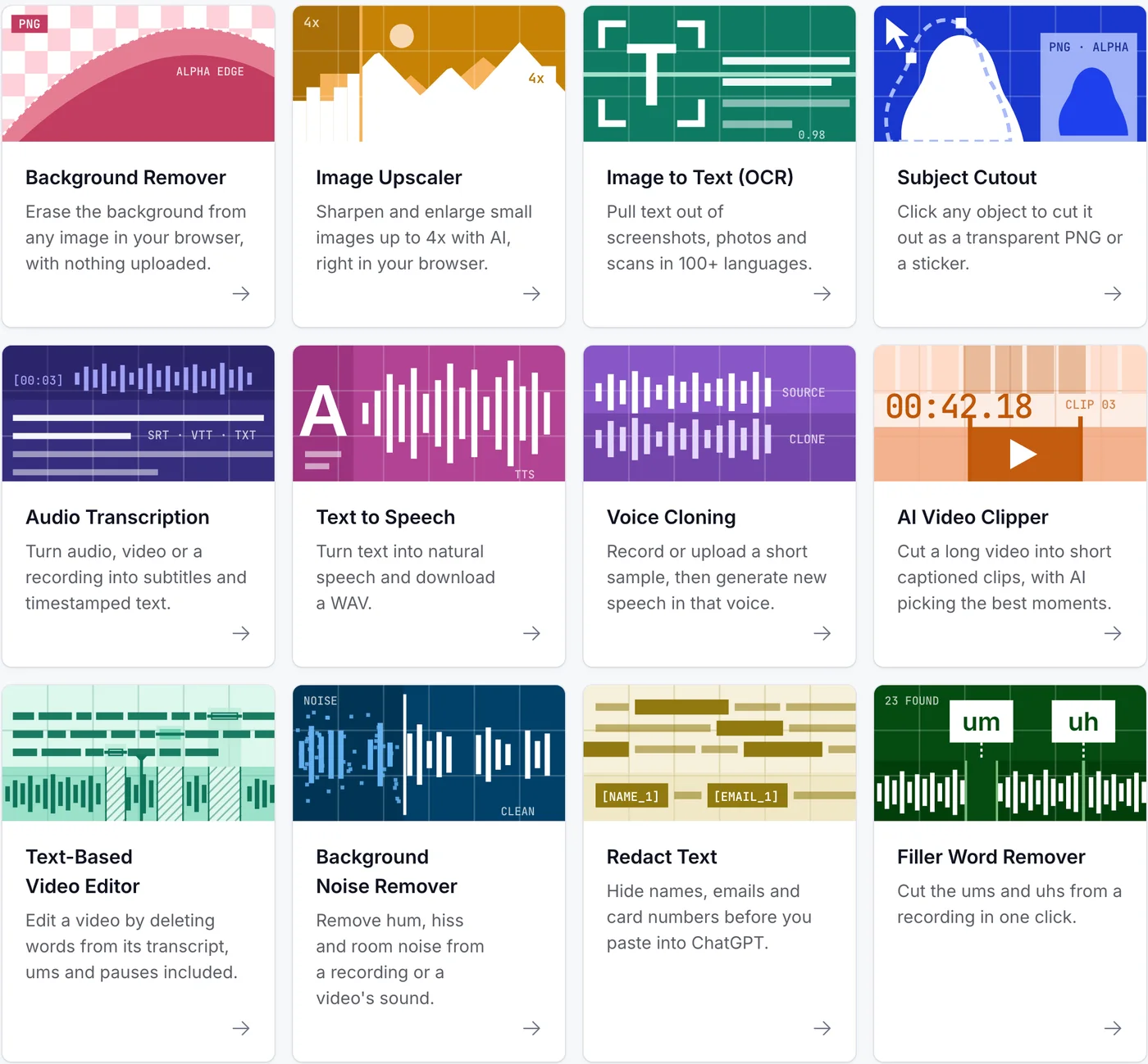 PocketWebTools grid of local AI tools such as background remover, image upscaler and audio transcription